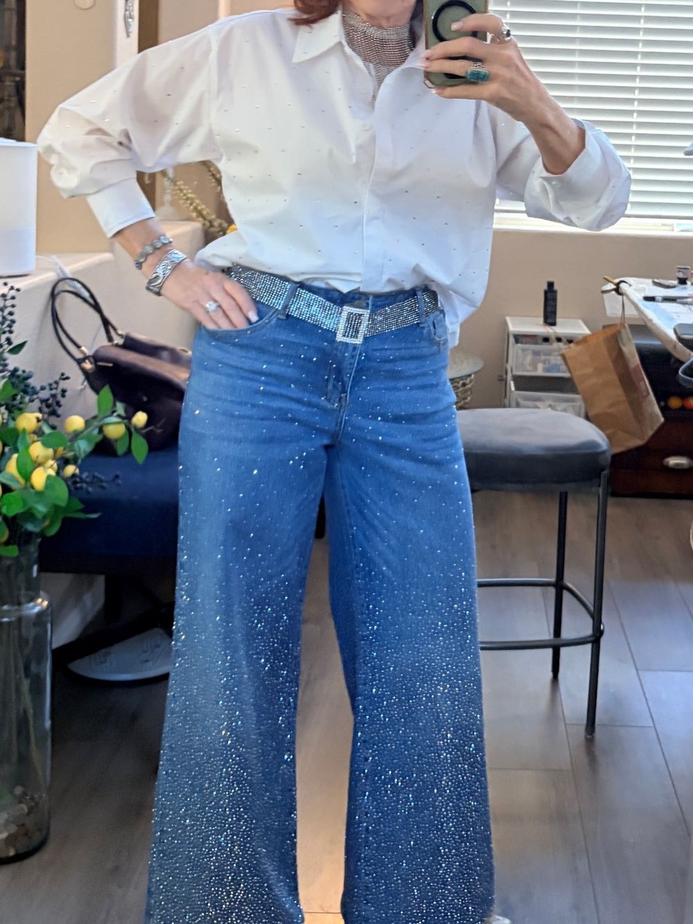 Cello Crystal Encrusted Barrel Flare Jean High Waisted Size 9